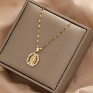18K Gold Plated Stainless Steel Virgin Mary Pendant Necklace with Zirconia